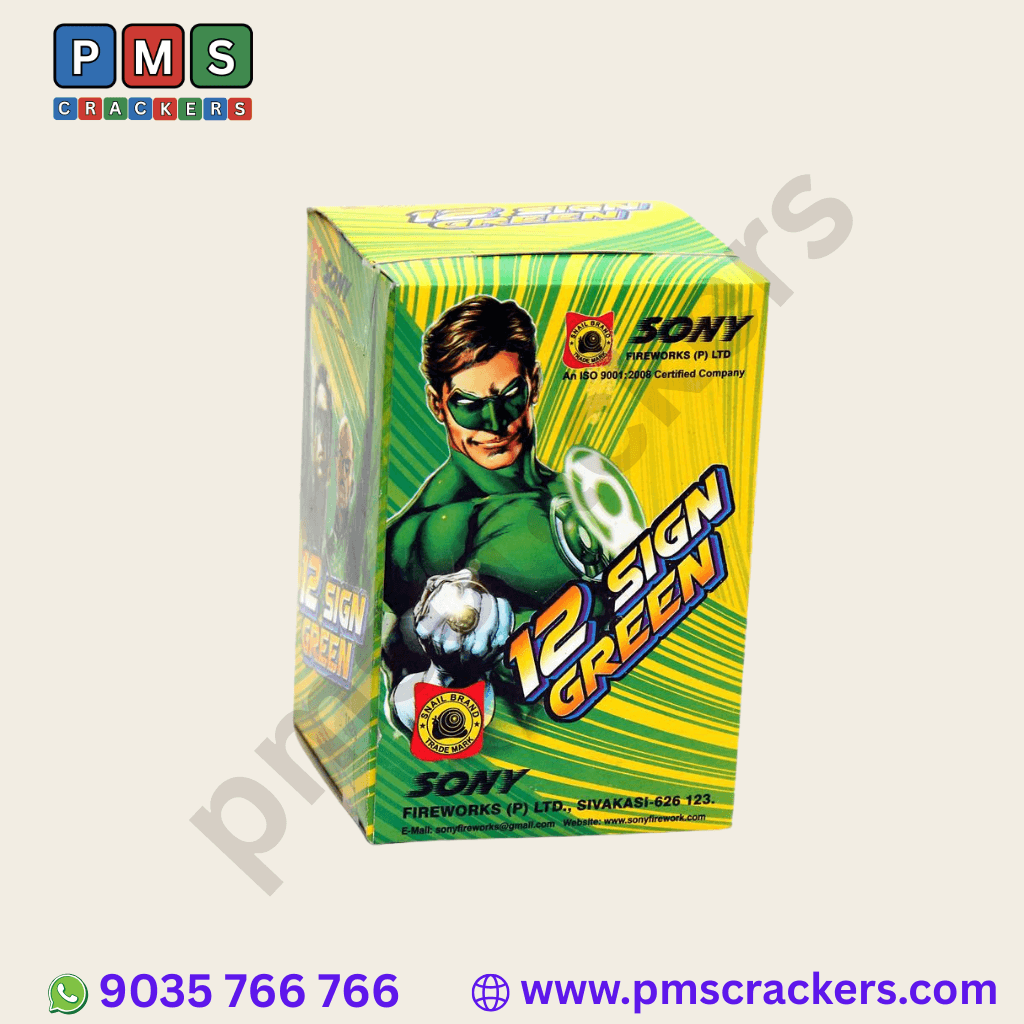 12 Sign Green – Vibrant 12 Shot Repeating Shooter | Sony Fireworks | PMS Crackers